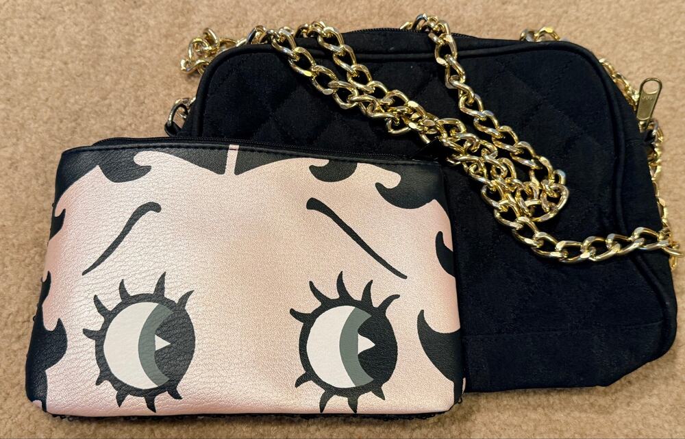 Betty Boop Makeup Bag & Woolworths Black Quilted Chain Crossbody Purse Bundle